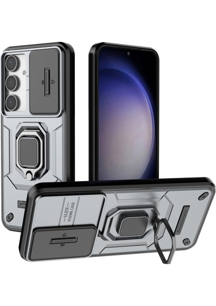 Samsung Galaxy S24 Fe Kılıf Halka Kickstand Pc+Tpu Telefon Kılıfı Sürgülü Kamera Koruma-Gri (Yurt Dışından)