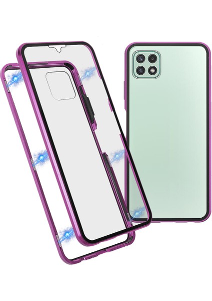 Metal Çerçeve + Çift Taraflı Hd Temperli Cam Düşmeye Karşı Koruyucu Manyetik Emici Telefon Kılıfı Samsung Galaxy A22 5g (Ab Sürümü) - Mor (Yurt Dışından)