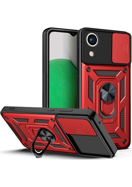 Samsung Galaxy A03 Core Pc+Tpu Çizilmez Zırh Telefon Kılıfı Halka Tutucu Kickstand Koruyucu Kılıf Kamera Sürgülü Kapak-Kırmızı (Yurt Dışından)