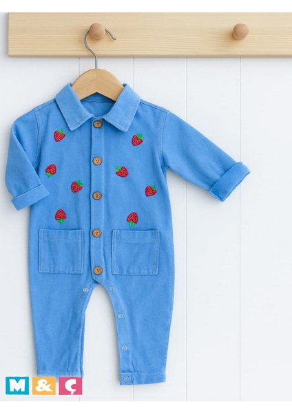 Uzun Kollu Kız Erkek Bebek Çocuk Pamuklu Kot Salopet Jean Bebek Çilekli Tulum