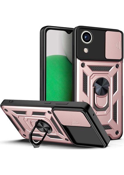Samsung Galaxy A03 Core Pc+Tpu Çizilmez Zırhlı Telefon Kılıfı Halka Tutucu Kickstand Koruyucu Kılıf Kamera Sürgülü Kapaklı-Gül Altını (Yurt Dışından)