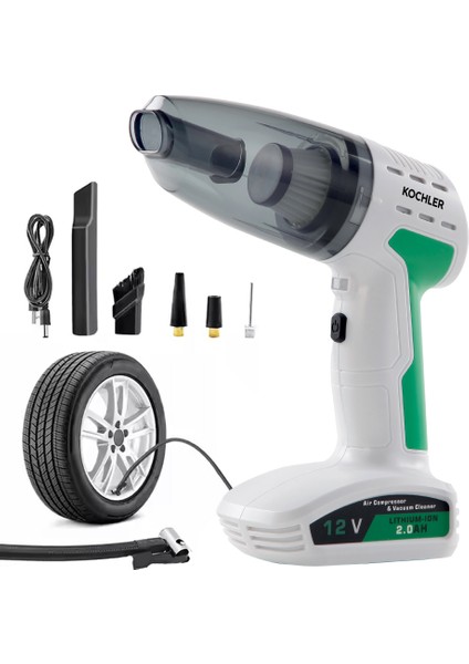 4 Fonksiyonlu Şarjlı Araç Süpürgesi – Şişirme Pompası + Basınç Ölçer + LED Işık