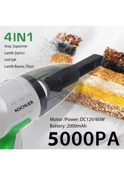 4 Fonksiyonlu Şarjlı Araç Süpürgesi – Şişirme Pompası + Basınç Ölçer + LED Işık modelleri