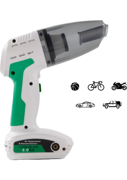4 Fonksiyonlu Şarjlı Araç Süpürgesi – Şişirme Pompası + Basınç Ölçer + LED Işık