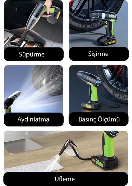 4 Fonksiyonlu Şarjlı Araç Süpürgesi – Şişirme Pompası + Basınç Ölçer + LED Işık