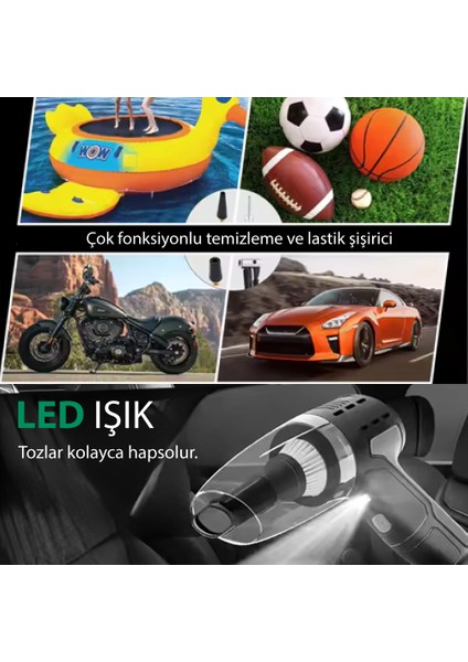 4 Fonksiyonlu Şarjlı Araç Süpürgesi – Şişirme Pompası + Basınç Ölçer + LED Işık