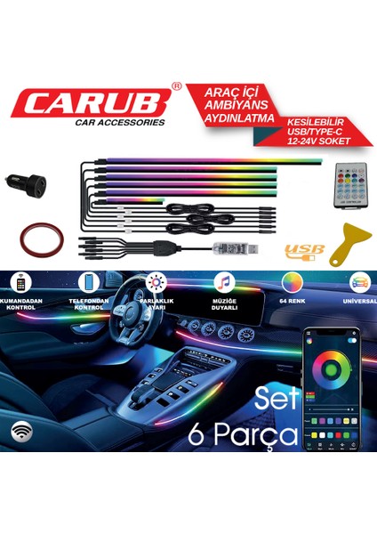 Carub Araç Içi Ambiyans LED Aydınlatma Wifi Kontrol USB 6 Parça
