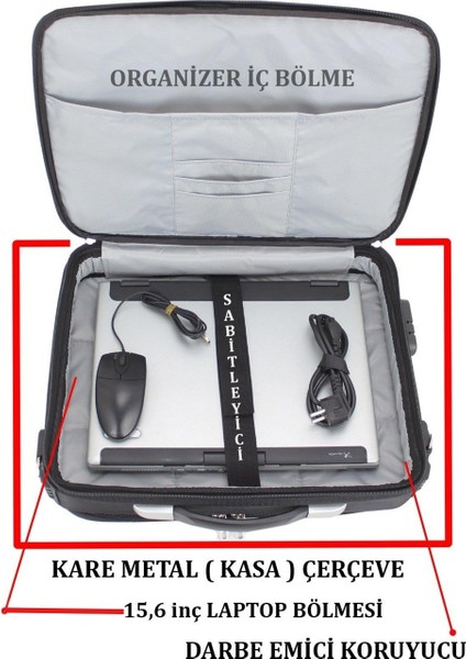 Pilot Çantası Kasalı Mümessil Çantası Evrak 15.6 Inç Laptop Notebook 7 Bölmeli Şifreli Kilitlemeli modelleri