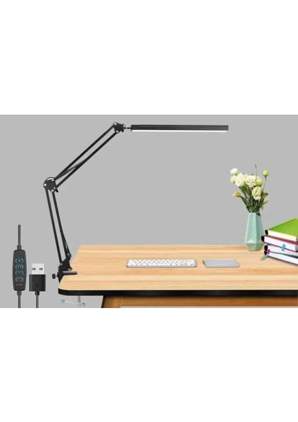 LE-004 Dekoratif LED Masa Lambası USB Kablolu Kademeli 3 Eklemli Kıskaçlı Masa Lambası
