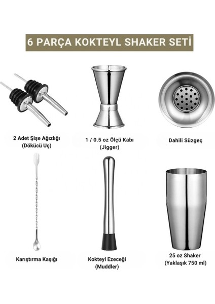 6 Parça 750ML Paslanmaz Çelik Kokteyl Shaker Seti – Ev ve Bar Için Ideal, Sızdırmaz Kapaklı indirimleri
