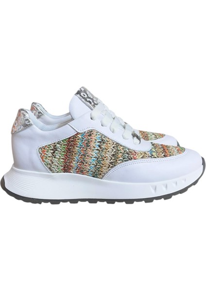 Beyaz Hakiki Deri Hasır Desenli Comfort Taban Bağcıklı Sneaker
