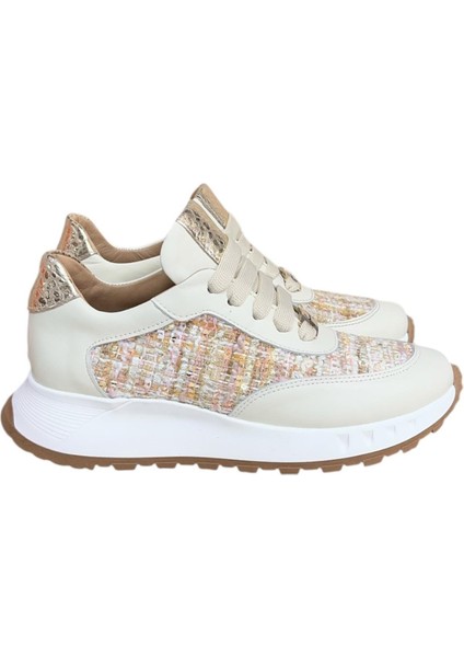 Krem Hakiki Deri Hasır Desenli Comfort Taban Bağcıklı Sneaker