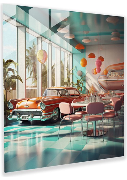 Nostaljik Diner Cam Tablosu - Nostalji Retro Diner Duvar Dekorasyonu Canlı Renkler