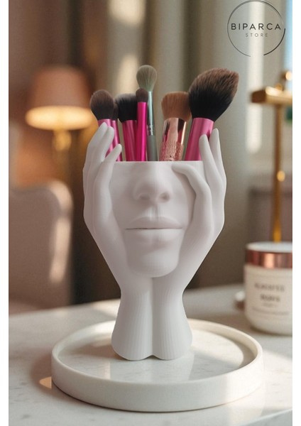 Kadın Silüetli Şık Makyaj Organizeri ve Fırça Tutucu Beyaz