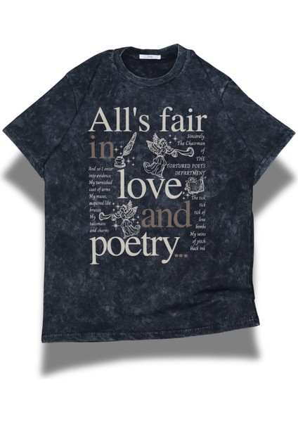 Unisex All Is Fair In Love And Poetry Yazılı Yıkamalı T-Shirt, Oversize Taylor Swift Temalı Tişört