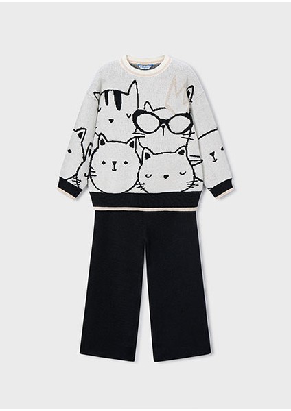 Siyah Kız Çocuk Kedi Desenli Kazak ve Pantolon Takım 4583
