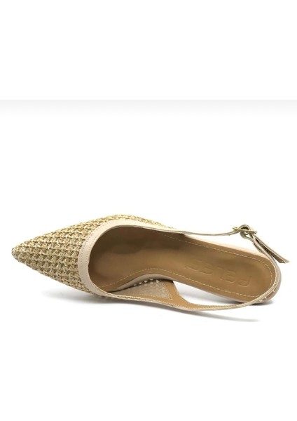 Nude Hasır Kumaş Arkası Açık Sivri Burun Kadeh Topuklu Ayakkabı