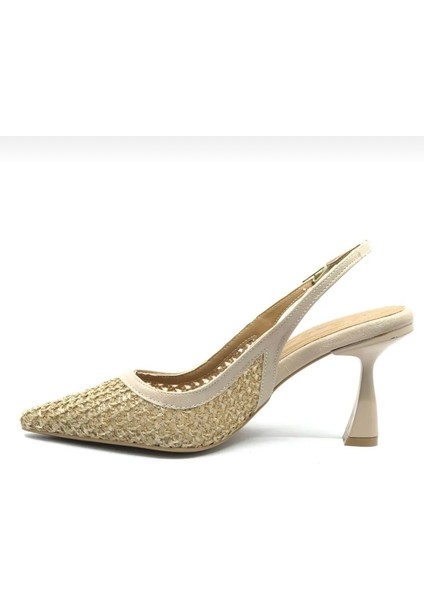 Nude Hasır Kumaş Arkası Açık Sivri Burun Kadeh Topuklu Ayakkabı fiyatları