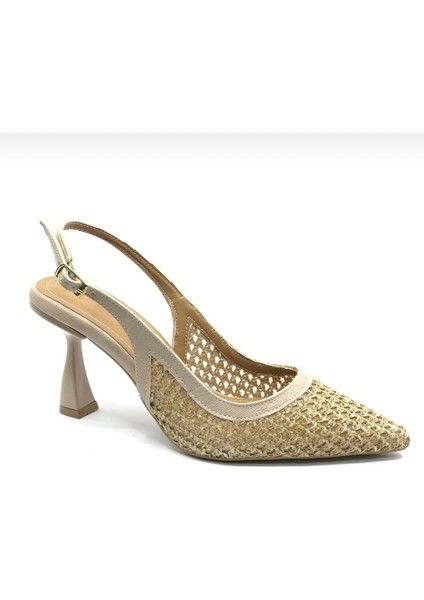 Nude Hasır Kumaş Arkası Açık Sivri Burun Kadeh Topuklu Ayakkabı modelleri