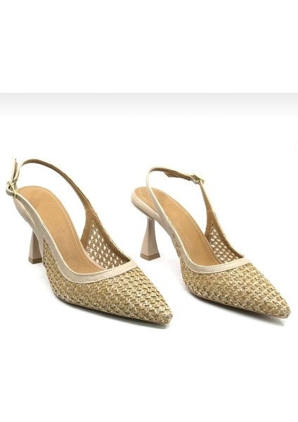 Nude Hasır Kumaş Arkası Açık Sivri Burun Kadeh Topuklu Ayakkabı fırsatları