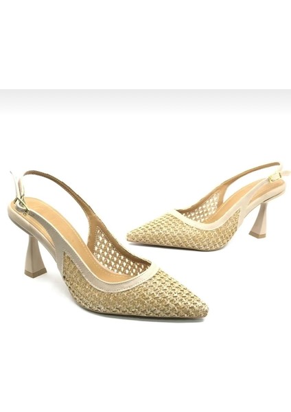 Nude Hasır Kumaş Arkası Açık Sivri Burun Kadeh Topuklu Ayakkabı indirimleri