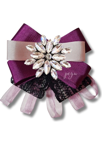 Shine Seri Mürdüm Grogren Kurdele Dantelli Taşlı Yaka Çiçeği Broş Okul,iş,şal,gömlek