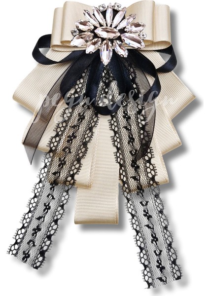 Shine Seri Ekru Grogren Dantelli Kurdele Taşlı Yaka Çiçeği Broş Okul,iş,şal,gömlek