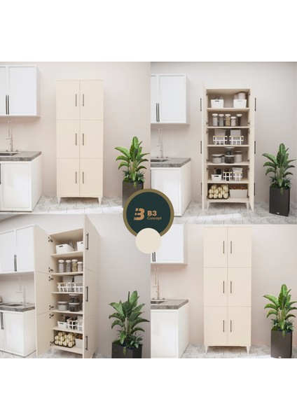 B3CONCEPT Geniş Hacimli 6 Kapaklı 6 Raflı Çok Amaçlı - Kolay Kurulum - Mutfak Balkon Banyo Erzak Kiler Dolabı