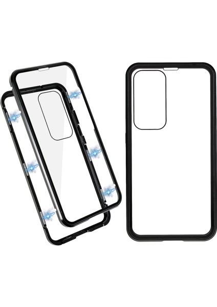 Samsung Galaxy S23+ Için Manyetik Çift Taraflı Temperli Cam Telefon Kılıfı, Metal Çerçeve Tam Gövde Şeffaf Telefon Kılıfı-Siyah (Yurt Dışından)