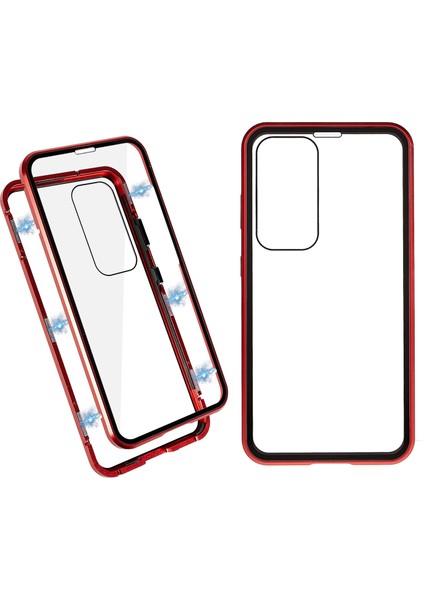 Samsung Galaxy S23+ Için Manyetik Çift Taraflı Temperli Cam Telefon Kılıfı, Metal Çerçeve Tam Gövde Şeffaf Telefon Kılıfı-Kırmızı (Yurt Dışından)