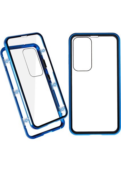 Samsung Galaxy S23+ Için Manyetik Çift Taraflı Temperli Cam Telefon Kılıfı, Metal Çerçeve Tam Gövde Şeffaf Telefon Kılıfı-Mavi (Yurt Dışından)