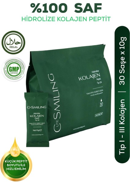 %100 Saf ve Hidrolize Kolajen Peptit 10GR x 30 Adet (Tip I & Tip Iıı) Aromasız Tek Kullanımlık Saşe