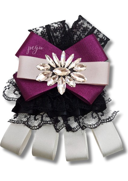 Shine Seri Mürdüm Grogren Kurdele Dantelli Taşlı Yaka Çiçeği Broş Okul,iş,şal,gömlek