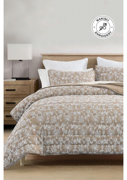 Perla Nakışlı Yatak Örtüsü Seti Çift Kişilik Pamuklu Elyaf Dolgulu Yumuşak 3 Parça Günlük Bej