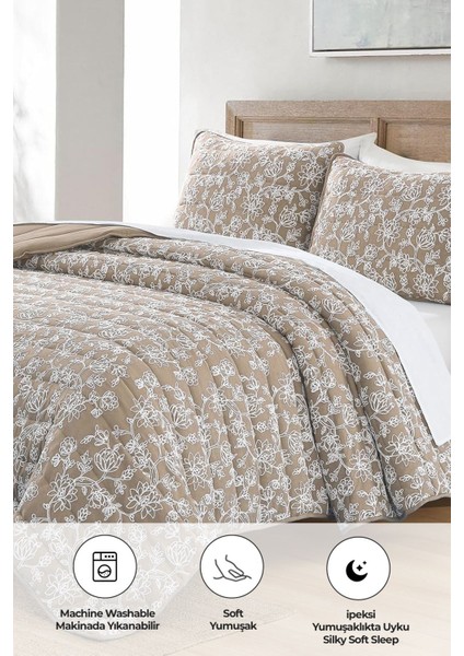 Perla Nakışlı Yatak Örtüsü Seti Çift Kişilik Pamuklu Elyaf Dolgulu Yumuşak 3 Parça Günlük Bej fiyatları