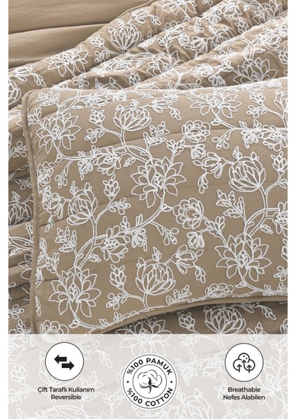 Perla Nakışlı Yatak Örtüsü Seti Çift Kişilik Pamuklu Elyaf Dolgulu Yumuşak 3 Parça Günlük Bej modelleri