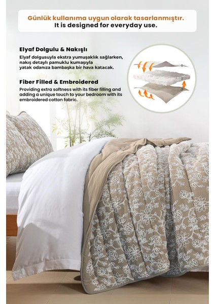 Perla Nakışlı Yatak Örtüsü Seti Çift Kişilik Pamuklu Elyaf Dolgulu Yumuşak 3 Parça Günlük Bej fırsatları