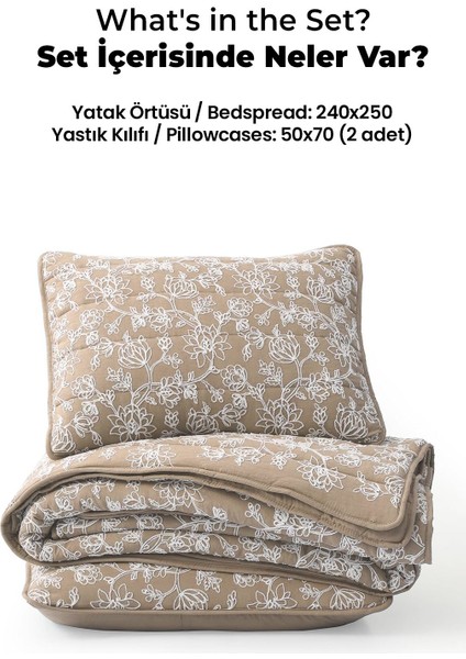 Perla Nakışlı Yatak Örtüsü Seti Çift Kişilik Pamuklu Elyaf Dolgulu Yumuşak 3 Parça Günlük Bej indirimleri