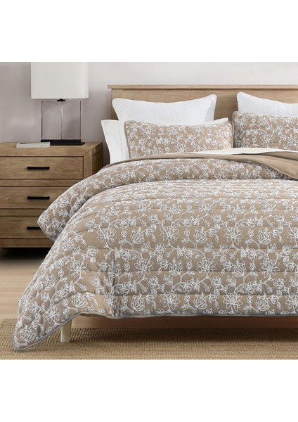 Perla Nakışlı Yatak Örtüsü Seti Çift Kişilik Pamuklu Elyaf Dolgulu Yumuşak 3 Parça Günlük Bej