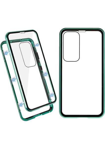 Samsung Galaxy S23+ Için Manyetik Çift Taraflı Temperli Cam Telefon Kılıfı, Metal Çerçeve Tam Gövde Şeffaf Telefon Kılıfı-Yeşil (Yurt Dışından)
