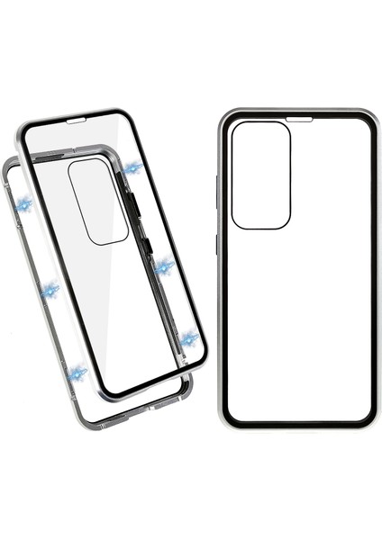 Samsung Galaxy S23+ Için Manyetik Çift Taraflı Temperli Cam Telefon Kılıfı, Metal Çerçeve Tam Gövde Şeffaf Telefon Kılıfı-Gümüş (Yurt Dışından)