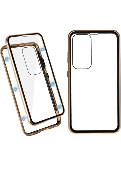 Samsung Galaxy S23+ Için Manyetik Çift Taraflı Temperli Cam Telefon Kılıfı, Metal Çerçeve Tam Gövde Şeffaf Telefon Kılıfı-Altın (Yurt Dışından)