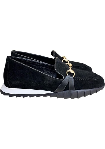 Siyah Hakiki Deri Süet Toka Detay Comfort Taban Spor Loafer