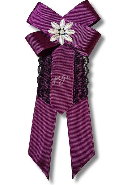 Shine Seri Mürdüm Grogren Kurdele Dantelli Taşlı Yaka Çiçeği Broş Okul,iş,şal,gömlek