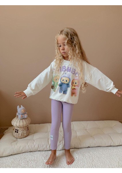 Labubu Lila Baskılı 2 Iplik Kız Çocuk Taytlı Alt Üst Takım modelleri