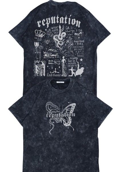 Unisex Reputation Albüm Sırt Baskılı Yıkamalı T-Shirt, Oversize Taylor Swift Temalı Vintage Tişört