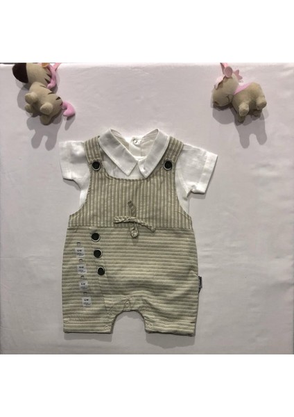 Haki Düğmeli Çizgili Salopet