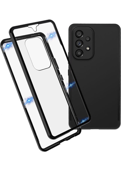 Samsung Galaxy A53 5g Için Düşmeye Karşı Metal Tampon + Çift Taraflı Temperli Cam Kabuk 360 Derece Her Şey Dahil Koruma Manyetik Telefon Kılıfı - Siyah (Yurt Dışından)