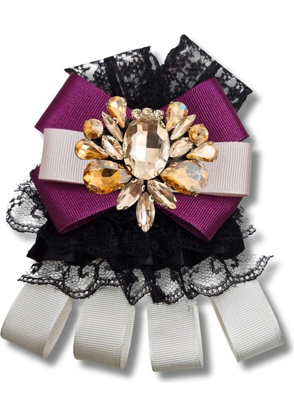 Shine Seri Mürdüm Grogren Kurdele Dantelli Taşlı Yaka Çiçeği Broş Okul,iş,şal,gömlek