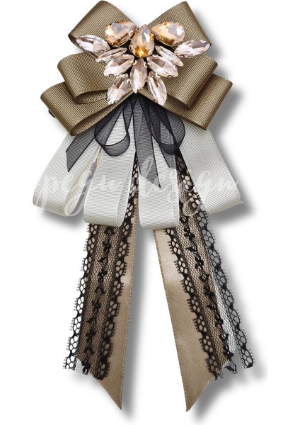 Shine Seri Kahve Ekru Yeşil Grogren Kurdele Kurdele Taşlı Yaka Çiçeği Broş Okul,iş,şal,gömlek